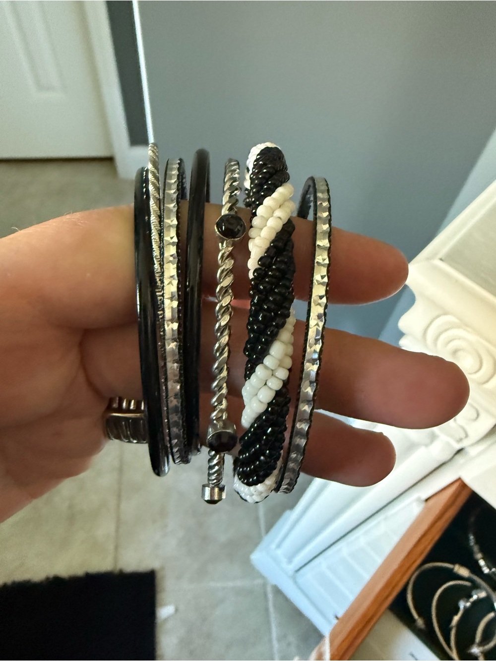 Black & White Beaded and Metal Bangle Set